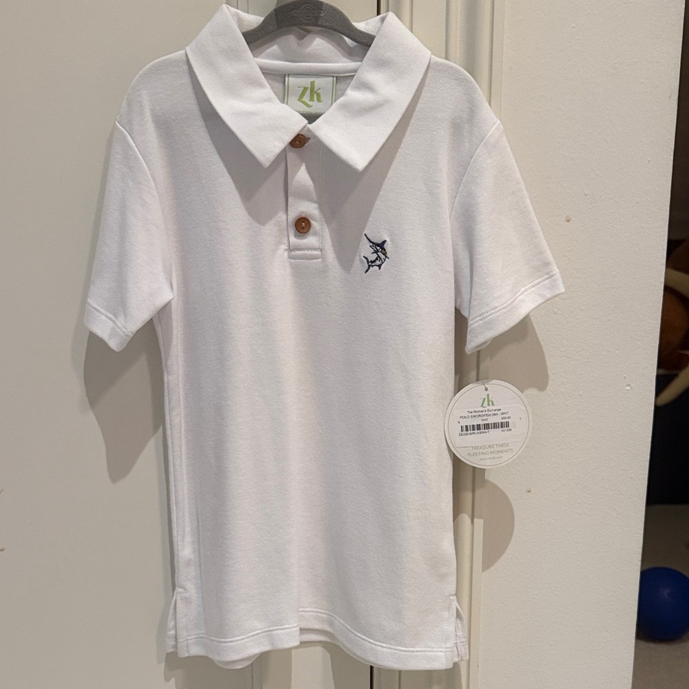 ZK Kids White Polo Shirt with Navy Shark Embroidery